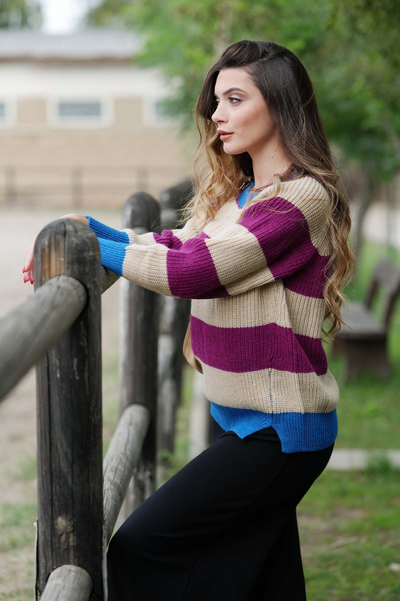 Suéter rayas beige y morado escote barco Lolitas - lolitasyl.com
