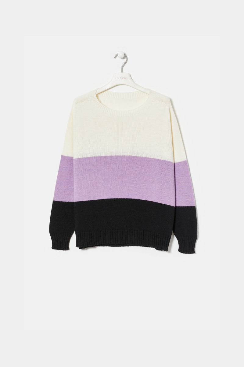 Suéter rayas bicolor crema y malva con escote caja LolitasyL - lolitasyl.com