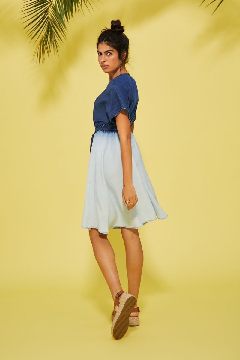 Vestido azul dregrade jeans corto cruzado - lolitasyl.com