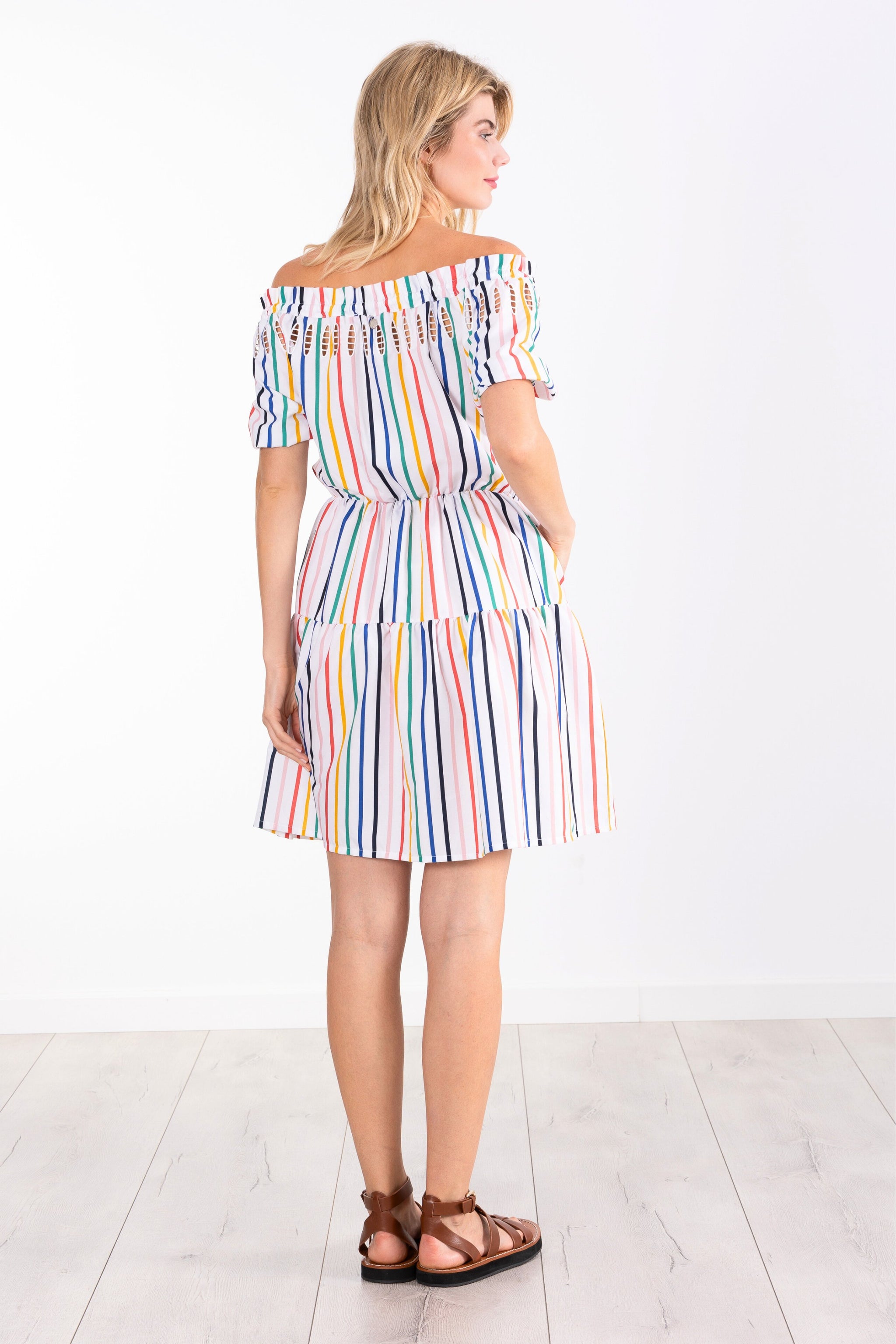 Vestido blanco multirrayas palabra de honor con bordado LolitasyL - lolitasyl.com