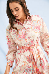 Vestido camisero crema estampado fantasia Gardenia cinturon LolitasyL - lolitasyl.com