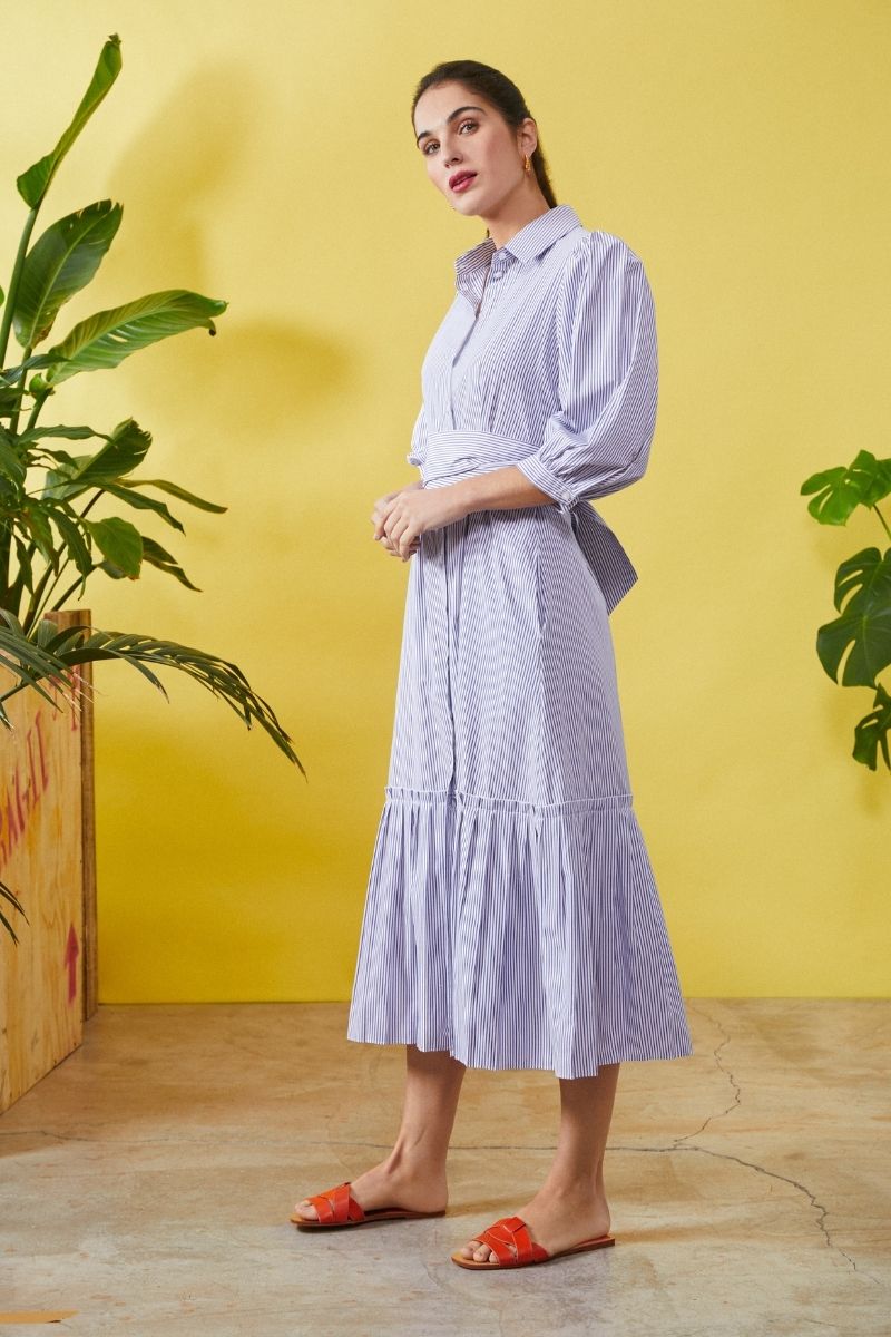 Vestido camisero largo estampado mil rayas cinturón - lolitasyl.com