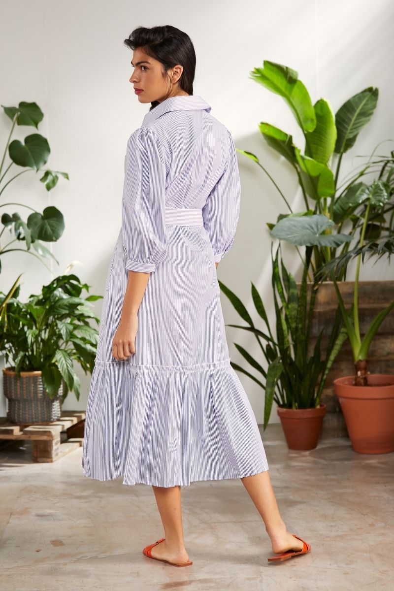 Vestido camisero largo estampado mil rayas cinturón