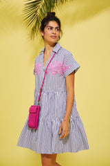 Vestido camisero rayas azul oscuro corto con bordado - lolitasyl.com
