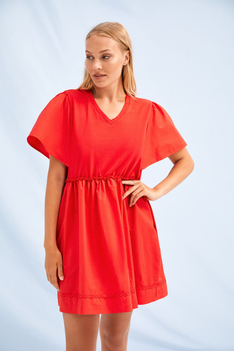 Vestido coral corto escote pico con goma en la cintura Lolitas&L - lolitasyl.com