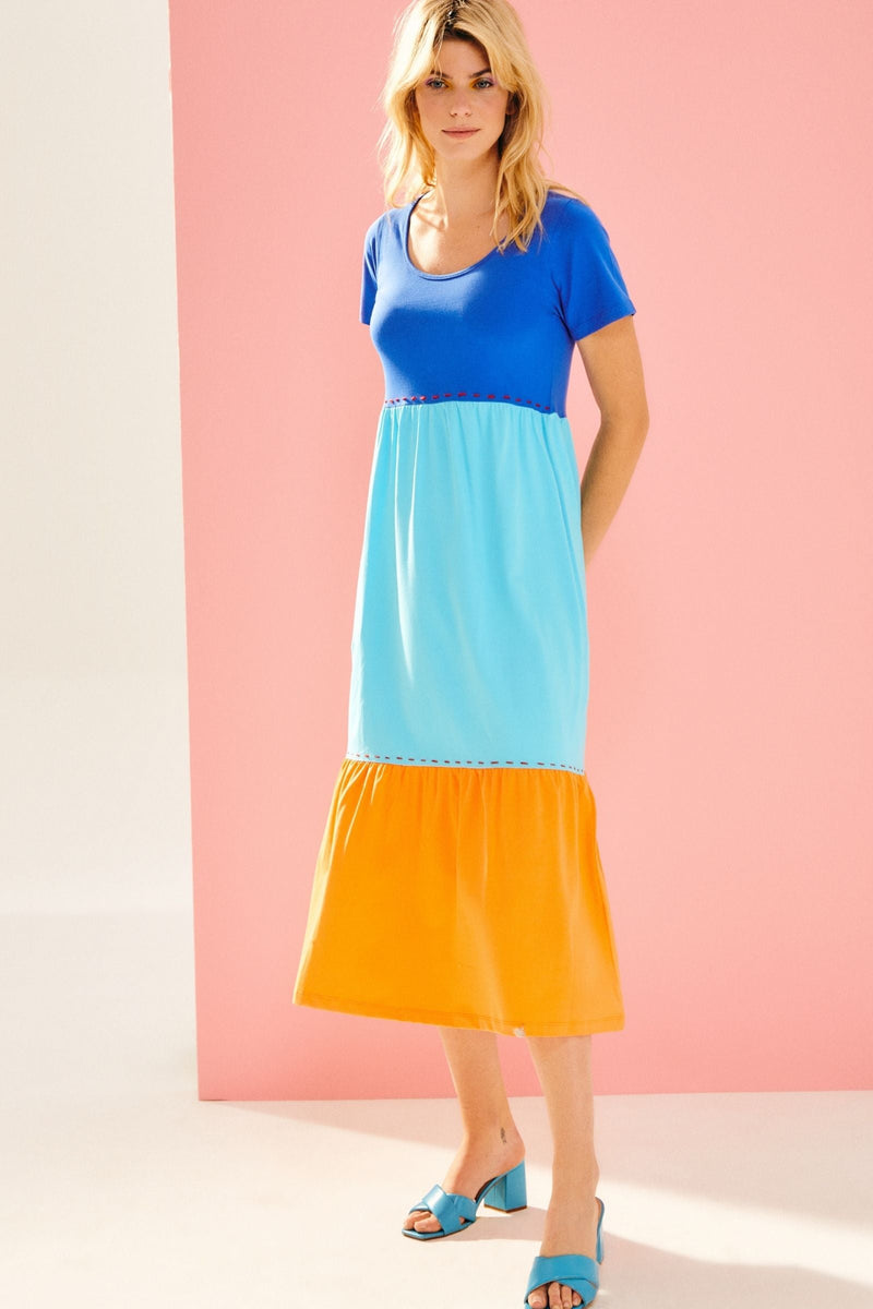Vestido largo color block azul turquesa algodón - lolitasyl.com