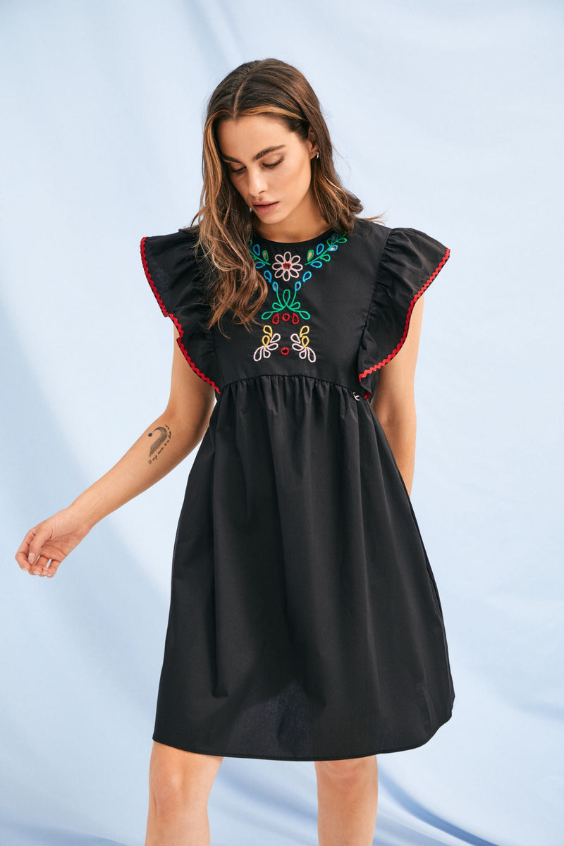 Vestido negro corto bordado etnico con volante Lolitas&L - lolitasyl.com