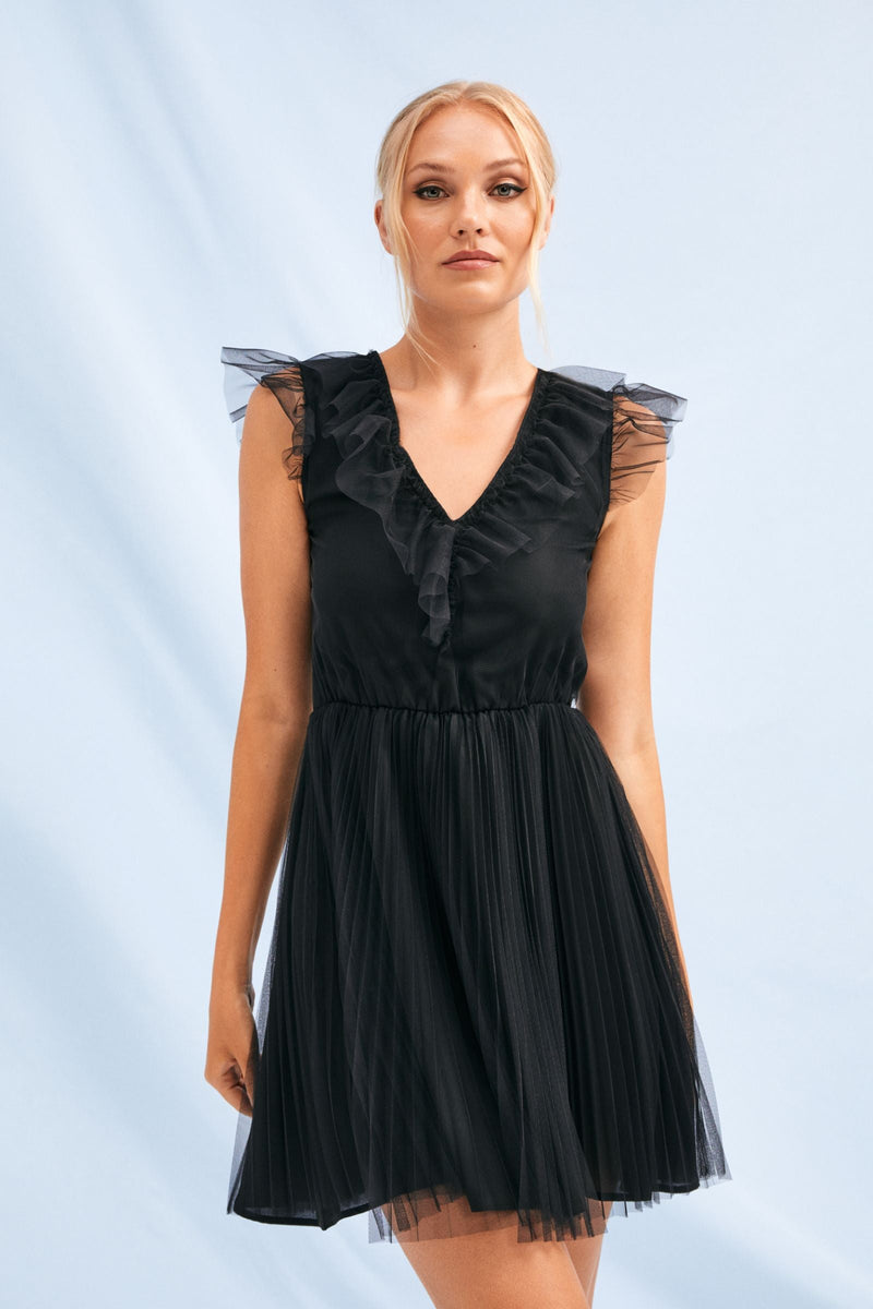 Vestido negro corto con falda y escote plisado LolitasyL - lolitasyl.com