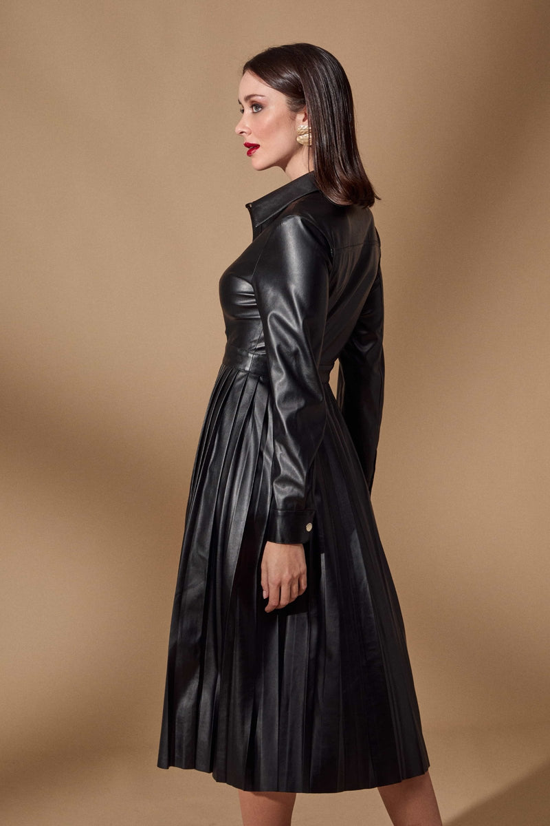 Vestido negro efecto piel camisero con plisado Lolitas - lolitasyl.com