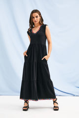 Vestido negro largo bordado multicolor en el escote Lolitas&L - lolitasyl.com