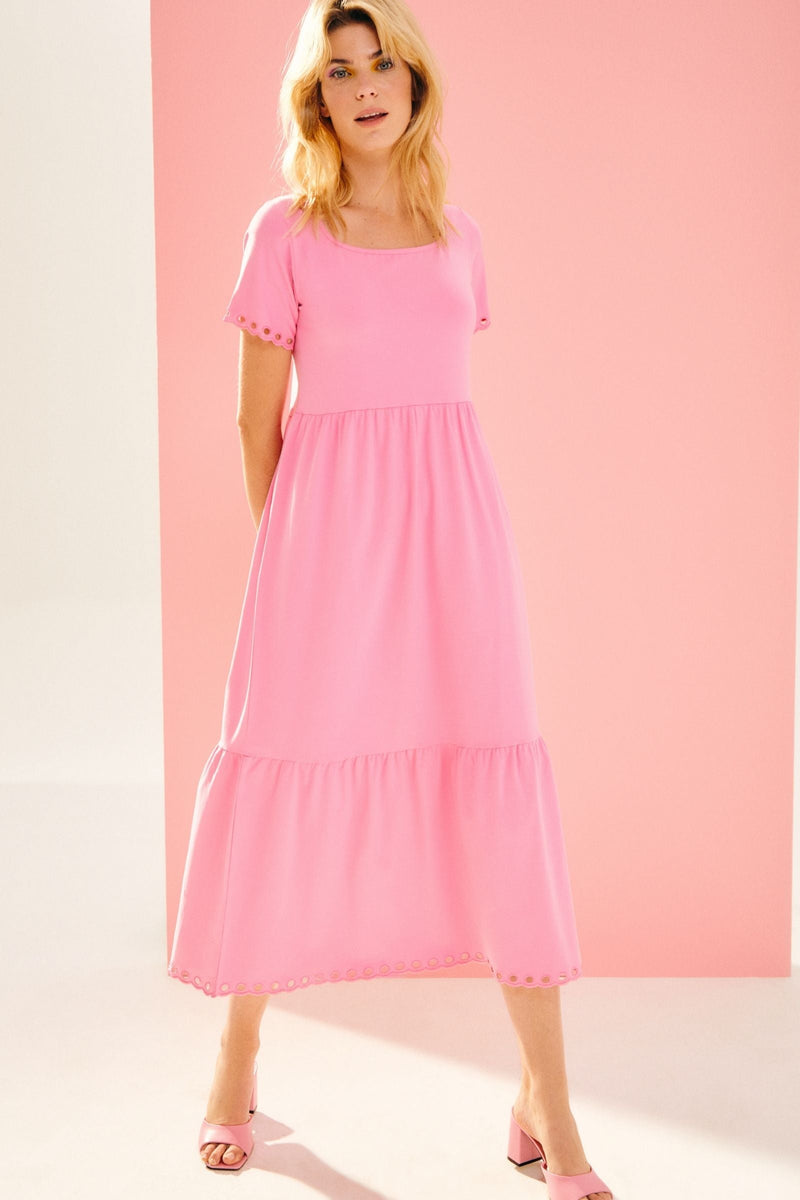 Vestido rosa bubblegum largo de algodón contorno bordado - lolitasyl.com