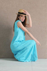 Vestido turquesa algodon largo con bordado al tono Lolitas&L - lolitasyl.com