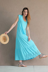Vestido turquesa algodon largo con bordado al tono Lolitas&L - lolitasyl.com