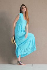Vestido turquesa algodon largo con bordado al tono Lolitas&L - lolitasyl.com