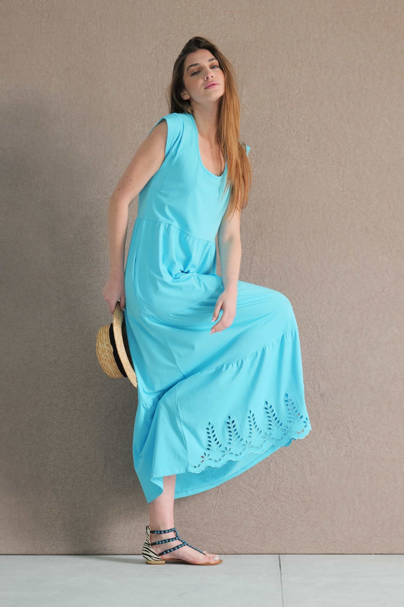 Vestido turquesa algodon largo con bordado al tono Lolitas&L - lolitasyl.com