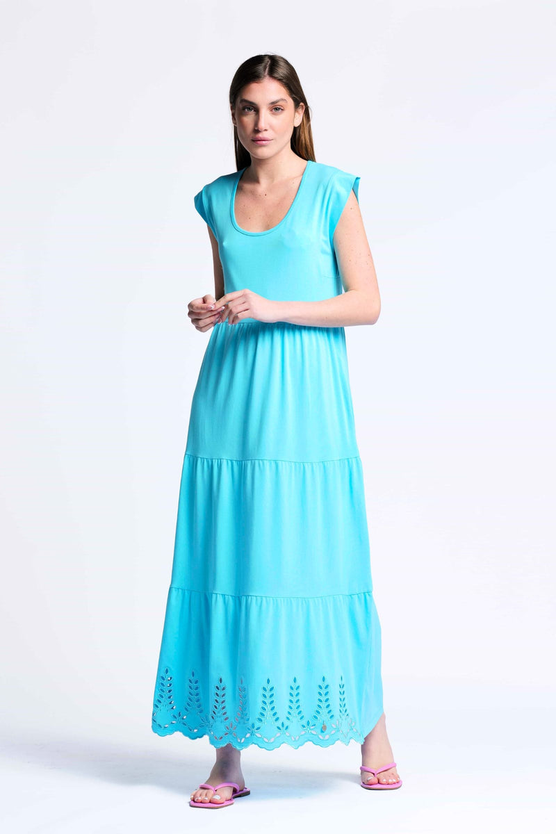 Vestido turquesa algodon largo con bordado al tono Lolitas&L - lolitasyl.com