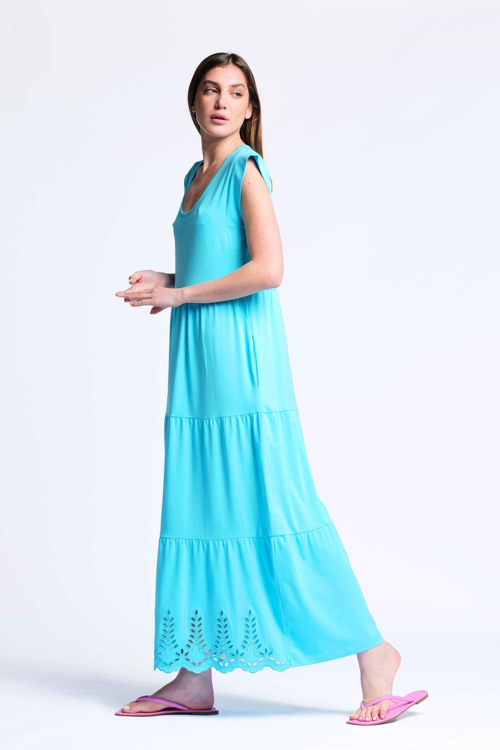 Vestido turquesa algodon largo con bordado al tono Lolitas&L - lolitasyl.com