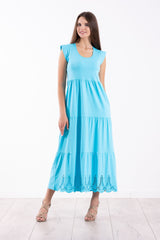 Vestido turquesa algodon largo con bordado al tono Lolitas&L - lolitasyl.com
